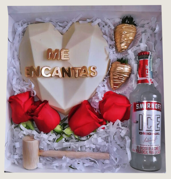 Choco Corazón Diamantado (2 Fresas 4 Rosas y Smirnoff) - Imagen 2