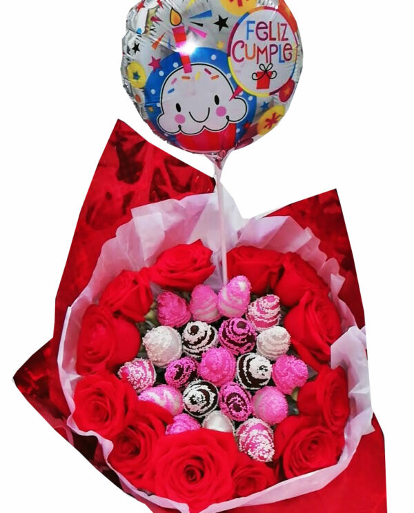 Choco Bouquet Roses 2 (19 fresas 12 Rosas y globo)