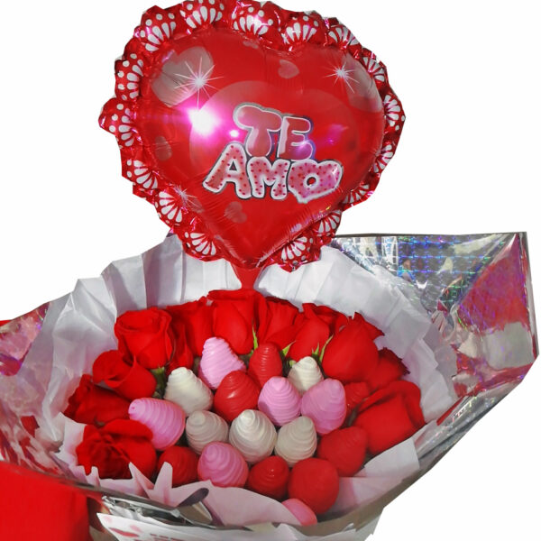 Choco Bouquet Roses 2 (19 fresas 12 Rosas y globo) - Imagen 2